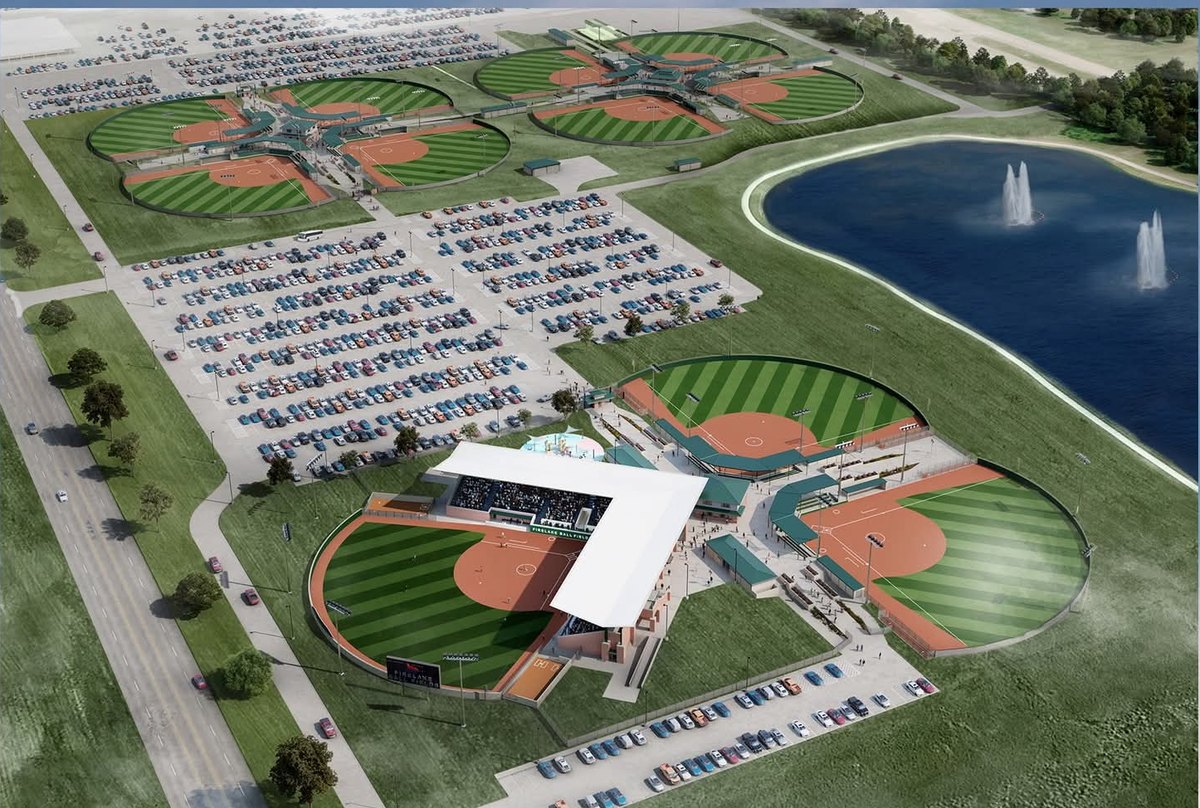 Architectural rendering of the completed FireLake Ballfields complex with the new championship stadium